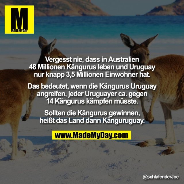 Vergesst nie, dass in Australien<br />
48 Millionen Kängurus leben und Uruguay<br />
nur knapp 3,5 Millionen Einwohner hat.<br />
<br />
Das bedeutet, wenn die Kängurus Uruguay<br />
angreifen, jeder Uruguayer ca. gegen<br />
14 Kängurus kämpfen müsste.<br />
<br />
Sollten die Kängurus gewinnen,<br />
heißt das Land dann Känguruguay.