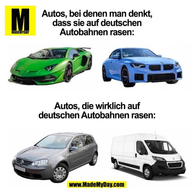 Autos, bei denen man denkt,<br />
dass sie auf deutschen<br />
Autobahnen rasen:<br />
<br />
<br />
<br />
<br />
<br />
<br />
<br />
Autos, die wirklich auf<br />
deutschen Autobahnen rasen:<br />
(BILD)
