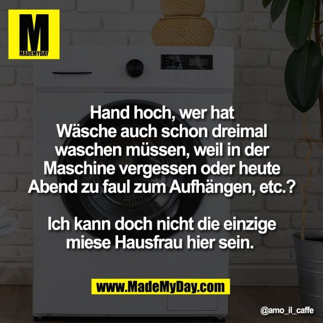 Hand hoch, wer hat<br />
Wäsche auch schon dreimal<br />
waschen müssen, weil in der<br />
Maschine vergessen oder heute<br />
Abend zu faul zum Aufhängen, etc.?<br />
<br />
Ich kann doch nicht die einzige<br />
miese Hausfrau hier sein.