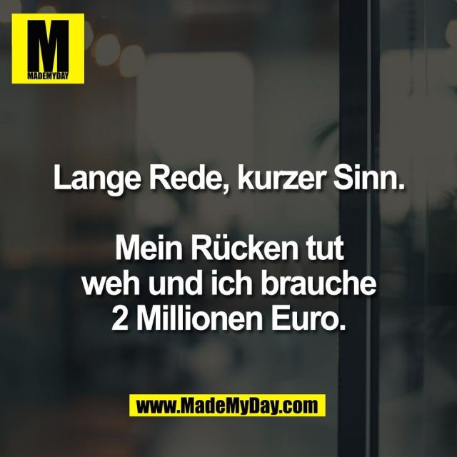 Lange Rede, kurzer Sinn.<br />
<br />
Mein Rücken tut<br />
weh und ich brauche<br />
2 Millionen Euro.