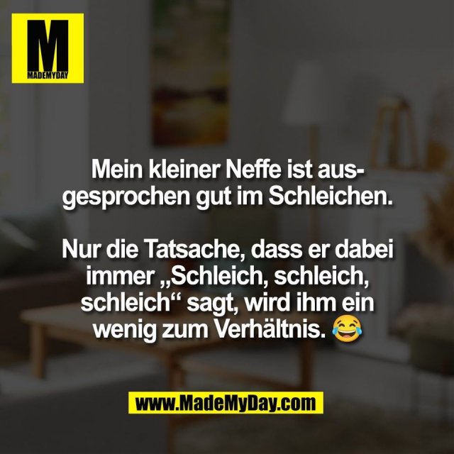 Mein kleiner Neffe ist aus-<br />
gesprochen gut im Schleichen.<br />
<br />
Nur die Tatsache, dass er dabei<br />
immer „Schleich, schleich,<br />
schleich“ sagt, wird ihm ein<br />
wenig zum Verhältnis. 😂