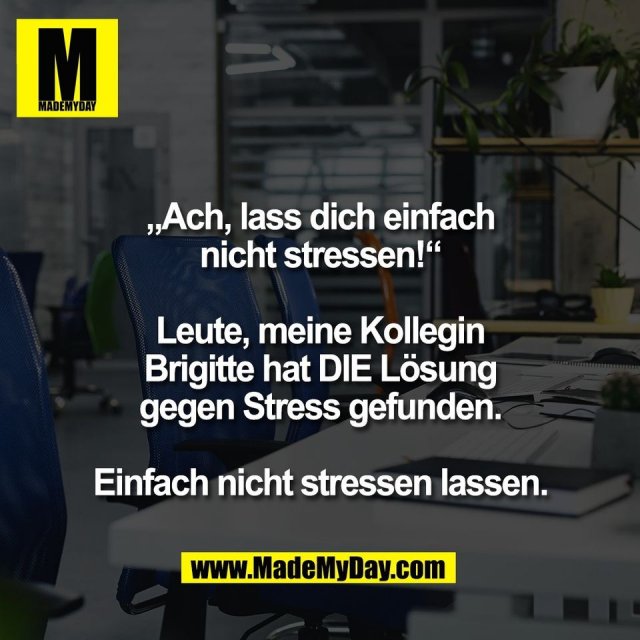 „Ach, lass dich einfach<br />
nicht stressen!“<br />
<br />
Leute, meine Kollegin<br />
Brigitte hat DIE Lösung<br />
gegen Stress gefunden.<br />
<br />
Einfach nicht stressen lassen.