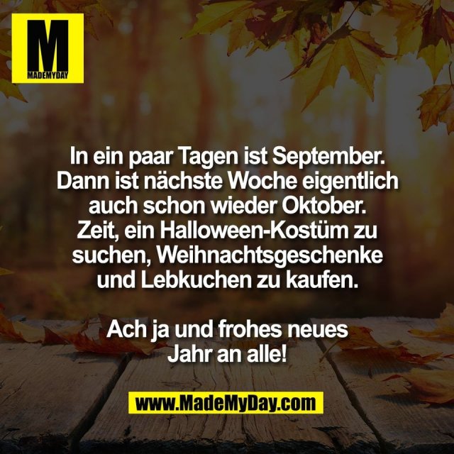 In ein paar Tagen ist September.<br />
Dann ist nächste Woche eigentlich<br />
auch schon wieder Oktober.<br />
Zeit, ein Halloween-Kostüm zu<br />
suchen, Weihnachtsgeschenke<br />
und Lebkuchen zu kaufen.<br />
<br />
Ach ja und frohes neues<br />
Jahr an alle!