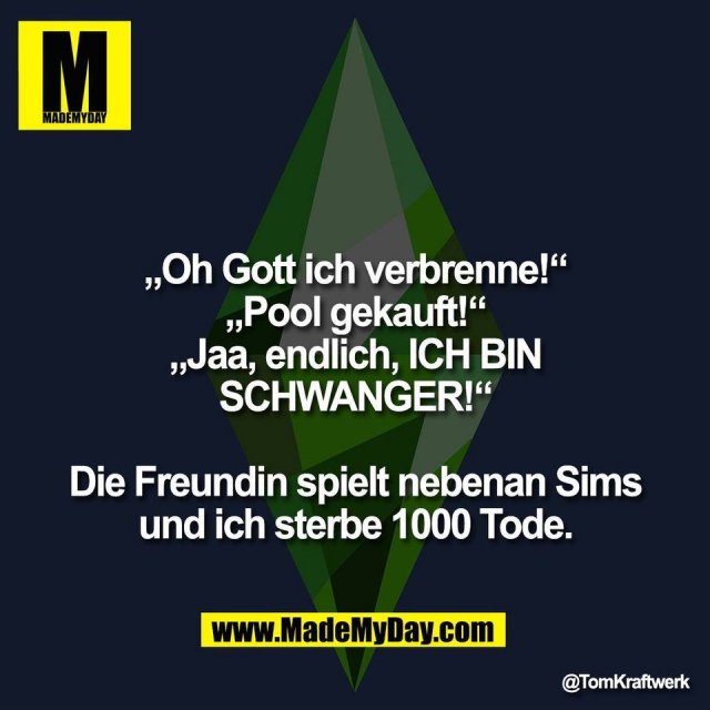 „Oh Gott ich verbrenne!“<br />
„Pool gekauft!“<br />
„Jaa, endlich, ICH BIN<br />
SCHWANGER!“<br />
<br />
Die Freundin spielt nebenan Sims<br />
und ich sterbe 1000 Tode.