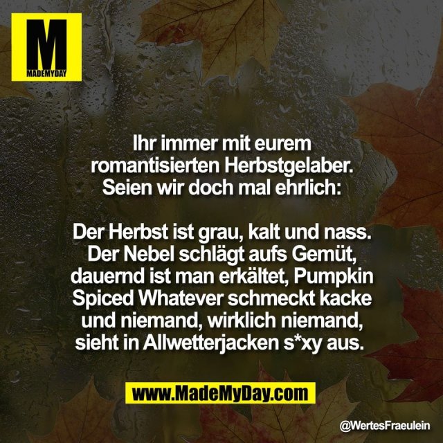 Ihr immer mit eurem<br />
romantisierten Herbstgelaber.<br />
Seien wir doch mal ehrlich:<br />
<br />
Der Herbst ist grau, kalt und nass.<br />
Der Nebel schlägt aufs Gemüt,<br />
dauernd ist man erkältet, Pumpkin<br />
Spiced Whatever schmeckt kacke<br />
und niemand, wirklich niemand,<br />
sieht in Allwetterjacken s*xy aus.