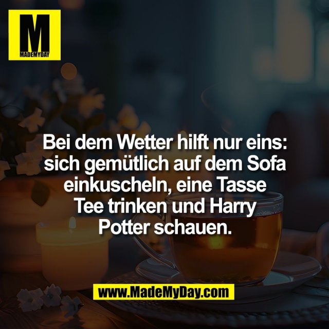 Bei dem Wetter hilft nur eins:<br />
sich gemütlich auf dem Sofa<br />
einkuscheln, eine Tasse<br />
Tee trinken und Harry<br />
Potter schauen.