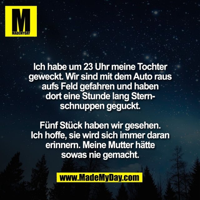 Ich habe um 23 Uhr meine Tochter<br />
geweckt. Wir sind mit dem Auto raus<br />
aufs Feld gefahren und haben<br />
dort eine Stunde lang Stern-<br />
schnuppen geguckt.<br />
<br />
Fünf Stück haben wir gesehen.<br />
Ich hoffe, sie wird sich immer daran<br />
erinnern. Meine Mutter hätte<br />
sowas nie gemacht.