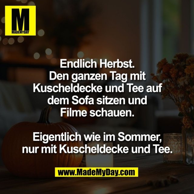 Endlich Herbst.<br />
Den ganzen Tag mit<br />
Kuscheldecke und Tee auf<br />
dem Sofa sitzen und<br />
Filme schauen.<br />
<br />
Eigentlich wie im Sommer,<br />
nur mit Kuscheldecke und Tee.