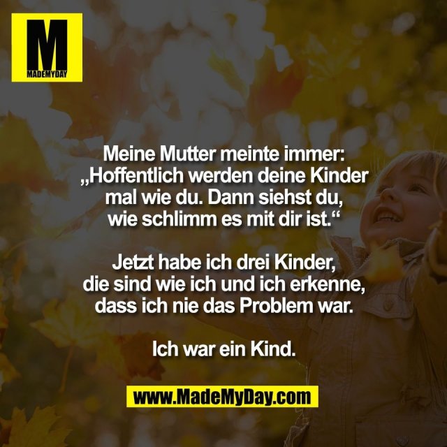 Meine Mutter meinte immer:<br />
„Hoffentlich werden deine Kinder<br />
mal wie du. Dann siehst du,<br />
wie schlimm es mit dir ist.“<br />
<br />
Jetzt habe ich drei Kinder,<br />
die sind wie ich und ich erkenne,<br />
dass ich nie das Problem war.<br />
<br />
Ich war ein Kind.