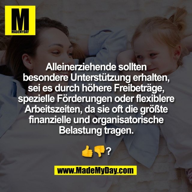 Alleinerziehende sollten<br />
besondere Unterstützung erhalten,<br />
sei es durch höhere Freibeträge,<br />
spezielle Förderungen oder flexiblere<br />
Arbeitszeiten, da sie oft die größte<br />
finanzielle und organisatorische<br />
Belastung tragen.<br />
<br />
👍👎?