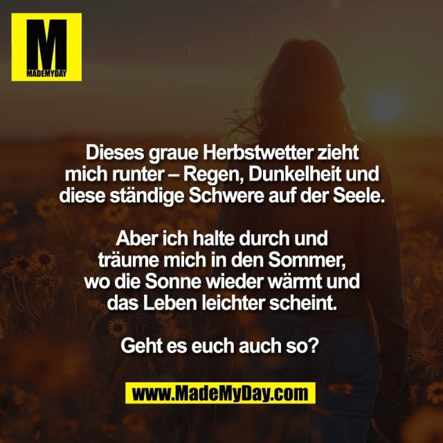 Dieses graue Herbstwetter zieht<br />
mich runter – Regen, Dunkelheit und<br />
diese ständige Schwere auf der Seele.<br />
<br />
Aber ich halte durch und<br />
träume mich in den Sommer,<br />
wo die Sonne wieder wärmt und<br />
das Leben leichter scheint.<br />
<br />
Geht es euch auch so? 