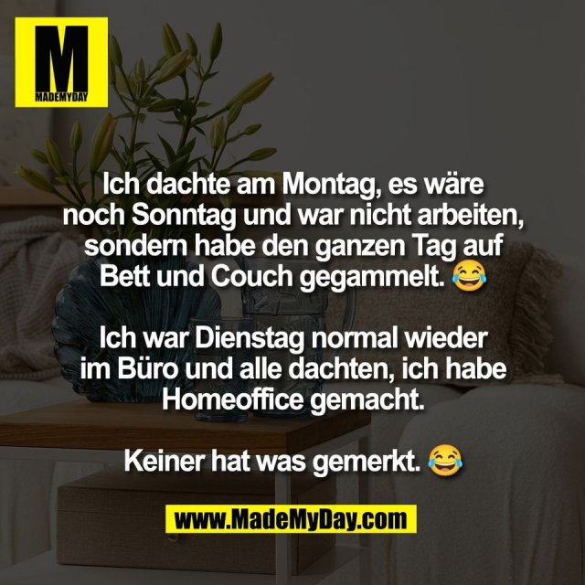 Ich dachte am Montag, es wäre<br />
noch Sonntag und war nicht arbeiten,<br />
sondern habe den ganzen Tag auf<br />
Bett und Couch gegammelt. 😂<br />
<br />
Ich war Dienstag normal wieder<br />
im Büro und alle dachten, ich habe<br />
Homeoffice gemacht.<br />
<br />
Keiner hat was gemerkt. 😂