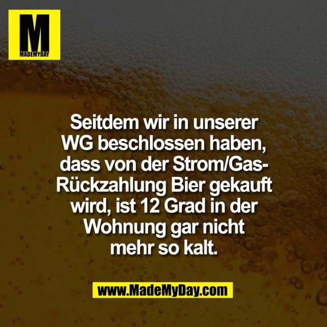 Seitdem wir in unserer<br />
WG beschlossen haben,<br />
dass von der Strom/Gas-<br />
Rückzahlung Bier gekauft<br />
wird, ist 12 Grad in der<br />
Wohnung gar nicht<br />
mehr so kalt.