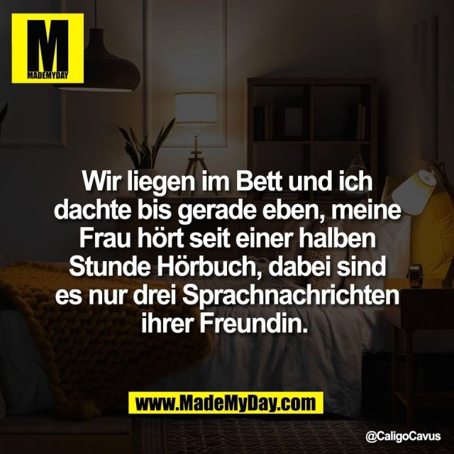 Wir liegen im Bett und ich<br />
dachte bis gerade eben, meine<br />
Frau hört seit einer halben<br />
Stunde Hörbuch, dabei sind<br />
es nur drei Sprachnachrichten<br />
ihrer Freundin.