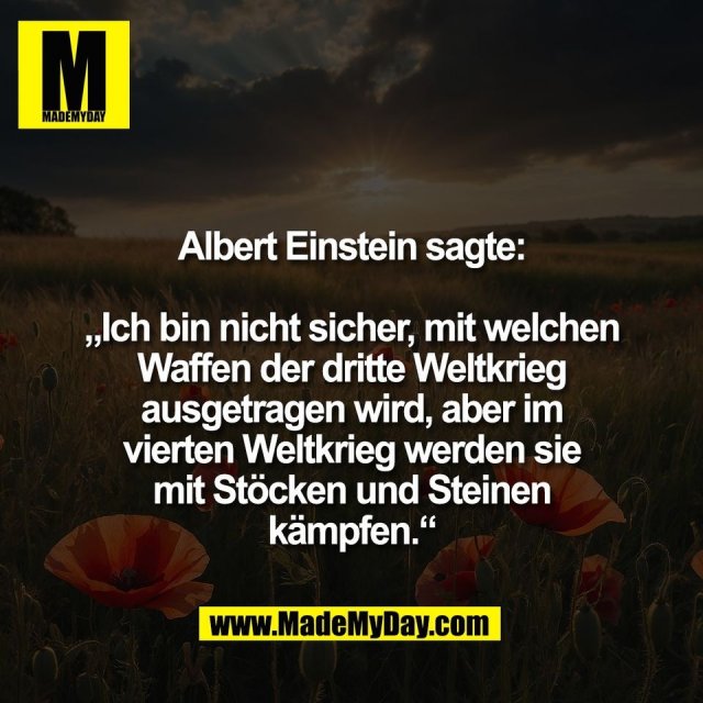 Albert Einstein sagte:<br />
<br />
„Ich bin nicht sicher, mit welchen<br />
Waffen der dritte Weltkrieg<br />
ausgetragen wird, aber im<br />
vierten Weltkrieg werden sie<br />
mit Stöcken und Steinen<br />
kämpfen.“