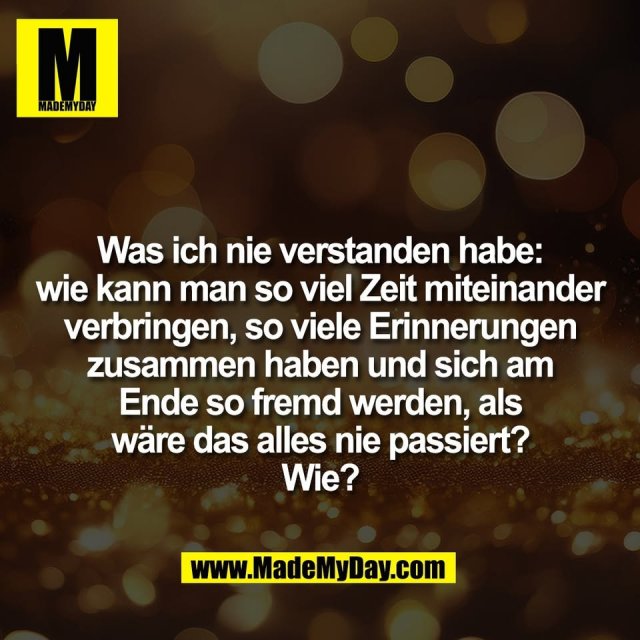 Was ich nie verstanden habe:<br />
wie kann man so viel Zeit miteinander<br />
verbringen, so viele Erinnerungen<br />
zusammen haben und sich am<br />
Ende so fremd werden, als<br />
wäre das alles nie passiert?<br />
Wie?