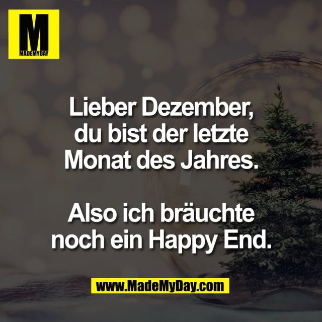 Lieber Dezember,<br />
du bist der letzte<br />
Monat des Jahres.<br />
<br />
Also ich bräuchte<br />
noch ein Happy End.