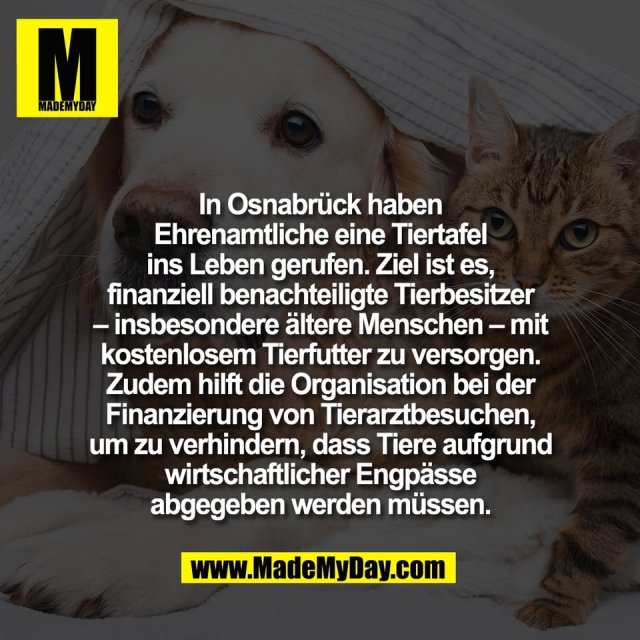 In Osnabrück haben<br />
Ehrenamtliche eine Tiertafel<br />
ins Leben gerufen. Ziel ist es,<br />
finanziell benachteiligte Tierbesitzer<br />
– insbesondere ältere Menschen – mit<br />
kostenlosem Tierfutter zu versorgen.<br />
Zudem hilft die Organisation bei der<br />
Finanzierung von Tierarztbesuchen,<br />
um zu verhindern, dass Tiere aufgrund<br />
wirtschaftlicher Engpässe<br />
abgegeben werden müssen.