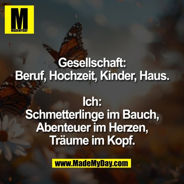 Gesellschaft:<br />
Beruf, Hochzeit, Kinder, Haus.<br />
<br />
Ich:<br />
Schmetterlinge im Bauch,<br />
Abenteuer im Herzen,<br />
Träume im Kopf.