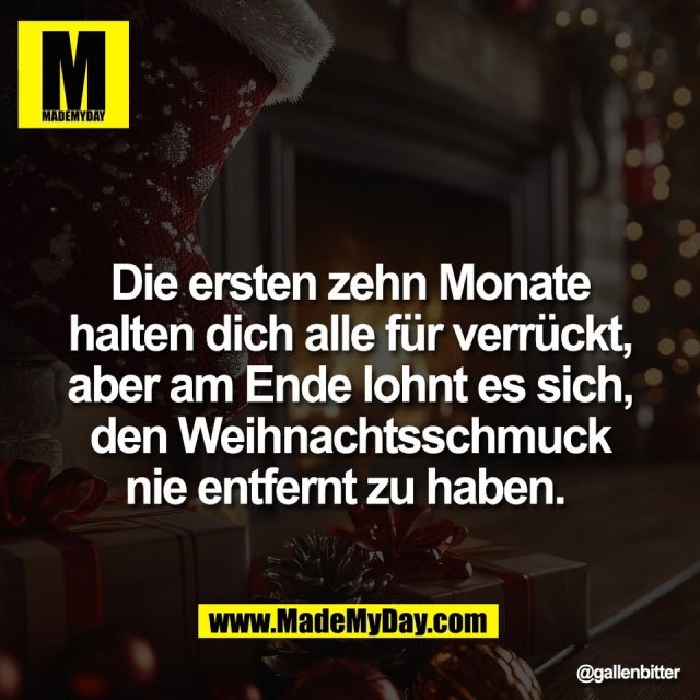 Die ersten zehn Monate<br />
halten dich alle für verrückt,<br />
aber am Ende lohnt es sich,<br />
den Weihnachtsschmuck<br />
nie entfernt zu haben.