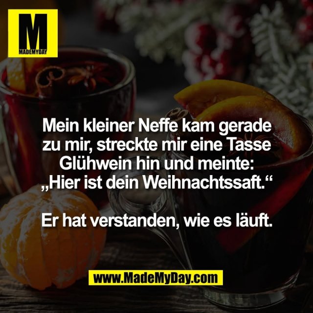 Mein kleiner Neffe kam gerade<br />
zu mir, streckte mir eine Tasse<br />
Glühwein hin und meinte:<br />
„Hier ist dein Weihnachtssaft.“<br />
<br />
Er hat verstanden, wie es läuft.