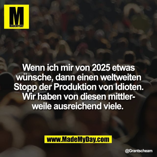 Wenn ich mir von 2025 etwas<br />
wünsche, dann einen weltweiten<br />
Stopp der Produktion von Idioten.<br />
Wir haben von diesen mittler-<br />
weile ausreichend viele.