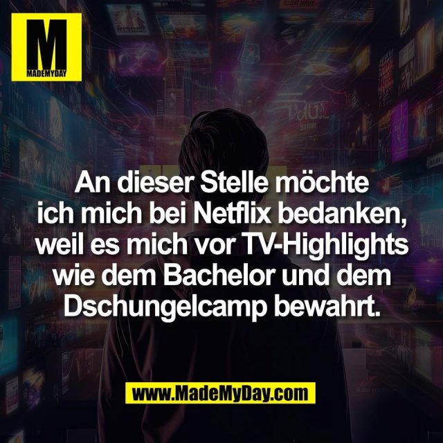 An dieser Stelle möchte<br />
ich mich bei Netflix bedanken,<br />
weil es mich vor TV-Highlights<br />
wie dem Bachelor und dem<br />
Dschungelcamp bewahrt.