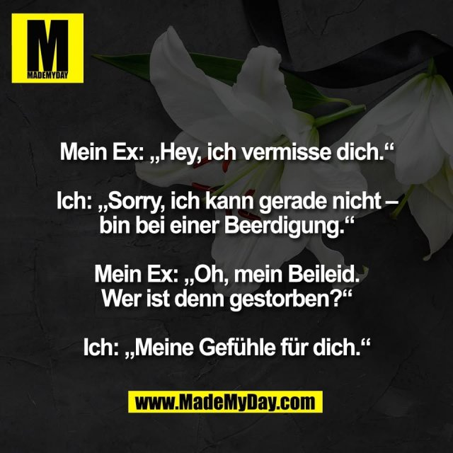 Mein Ex: „Hey, ich vermisse dich.“<br />
<br />
Ich: „Sorry, ich kann gerade nicht –<br />
bin bei einer Beerdigung.“<br />
<br />
Mein Ex: „Oh, mein Beileid.<br />
Wer ist denn gestorben?“<br />
<br />
Ich: „Meine Gefühle für dich.“