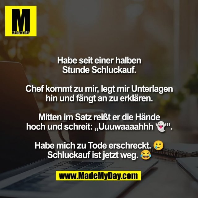 Habe seit einer halben<br />
Stunde Schluckauf.<br />
<br />
Chef kommt zu mir, legt mir Unterlagen<br />
hin und fängt an zu erklären.<br />
<br />
Mitten im Satz reißt er die Hände<br />
hoch und schreit: „Uuuwaaaahhh 👻“.<br />
<br />
Habe mich zu Tode erschreckt. 🥲<br />
Schluckauf ist jetzt weg. 😂