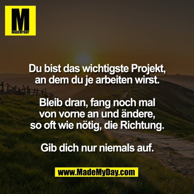 Du bist das wichtigste Projekt,<br />
an dem du je arbeiten wirst.<br />
<br />
Bleib dran, fang noch mal<br />
von vorne an und ändere,<br />
so oft wie nötig, die Richtung.<br />
<br />
Gib dich nur niemals auf.