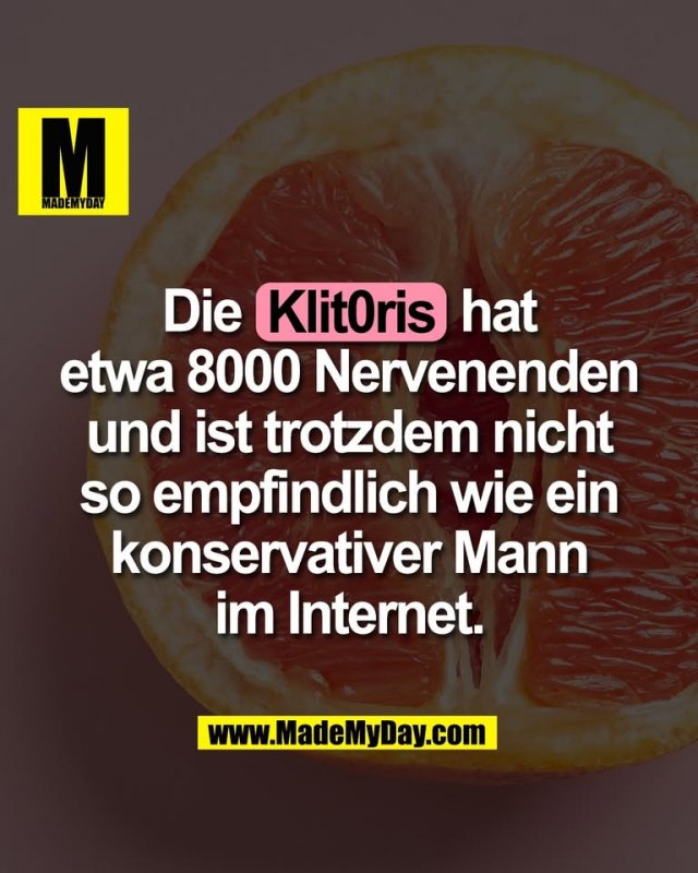 Die Klitoris hat<br />
etwa 8000 Nervenenden<br />
und ist trotzdem nicht<br />
so empfindlich wie ein<br />
konservativer Mann<br />
im Internet.