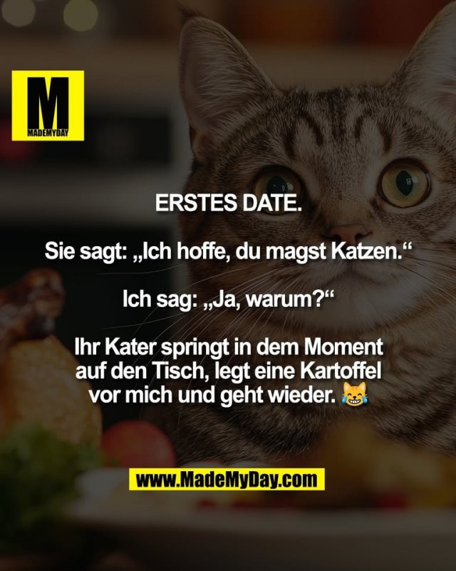 Erstes Date.<br />
<br />
Sie sagt: „Ich hoffe, du magst Katzen.“<br />
<br />
Ich sag: „Ja, warum?“<br />
<br />
Ihr Kater springt in dem Moment<br />
auf den Tisch, legt eine Kartoffel<br />
vor mich und geht wieder. 😹