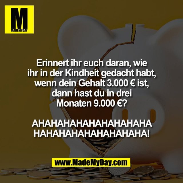 Erinnert ihr euch daran, wie<br />
ihr in der Kindheit gedacht habt,<br />
wenn dein Gehalt 3.000 € ist,<br />
dann hast du in drei<br />
Monaten 9.000 €?<br />
<br />
AHAHAHAHAHAHAHAHAHA<br />
HAHAHAHAHAHAHAHAHA!