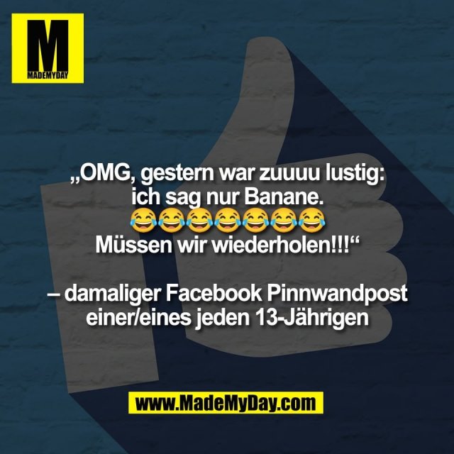 „OMG, gestern war zuuuu lustig:<br />
ich sag nur Banane.<br />
😂😂😂😂😂😂😂<br />
Müssen wir wiederholen!!!“<br />
<br />
– damaliger Facebook Pinnwandpost<br />
einer/eines jeden 13-Jährigen