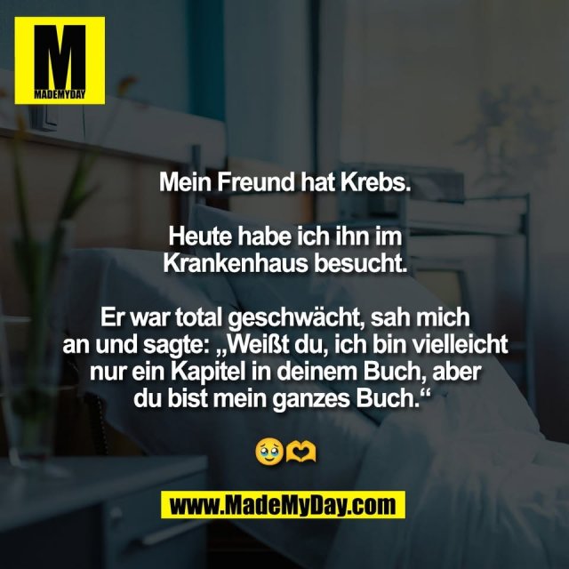 Mein Freund hat Krebs.<br />
<br />
Heute habe ich ihn im<br />
Krankenhaus besucht.<br />
<br />
Er war total geschwächt, sah mich<br />
an und sagte: „Weißt du, ich bin vielleicht<br />
nur ein Kapitel in deinem Buch, aber<br />
du bist mein ganzes Buch.“ <br />
<br />
🥹🫶