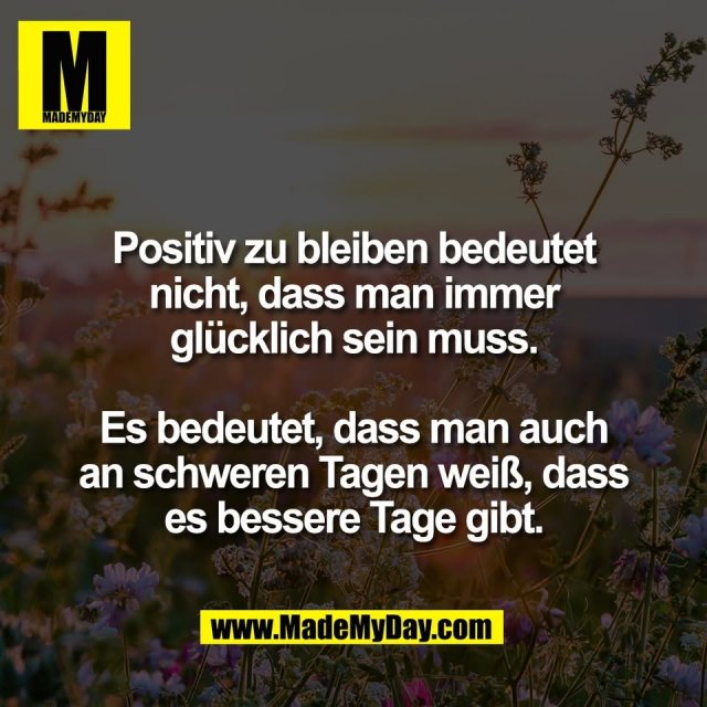 Positiv zu bleiben bedeutet<br />
nicht, dass man immer<br />
glücklich sein muss.<br />
<br />
Es bedeutet, dass man auch<br />
an schweren Tagen weiß, dass<br />
es bessere Tage gibt.