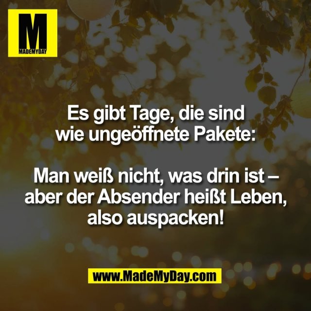 Es gibt Tage, die sind<br />
wie ungeöffnete Pakete:<br />
<br />
Man weiß nicht, was drin ist –<br />
aber der Absender heißt Leben,<br />
also auspacken!
