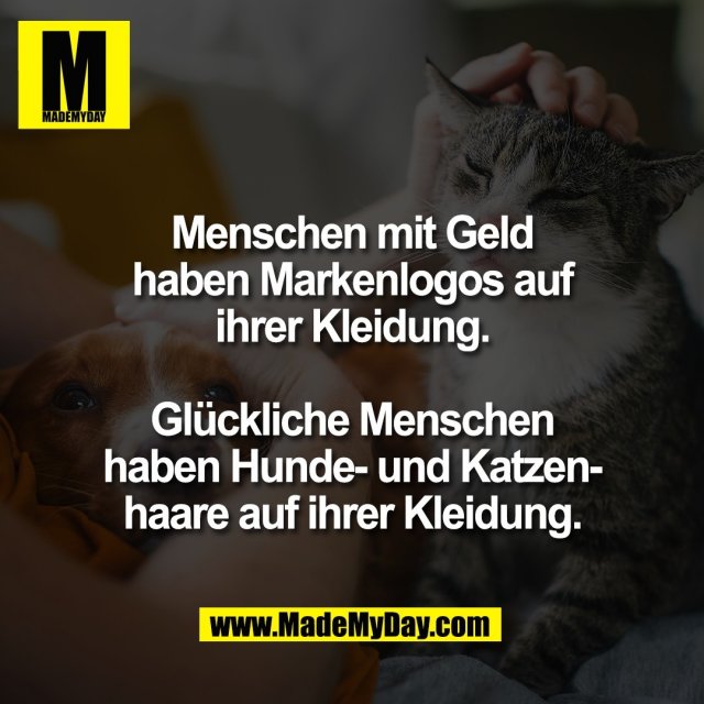 Menschen mit Geld<br />
haben Markenlogos auf<br />
ihrer Kleidung.<br />
<br />
Glückliche Menschen<br />
haben Hunde- und Katzen-<br />
haare auf ihrer Kleidung.