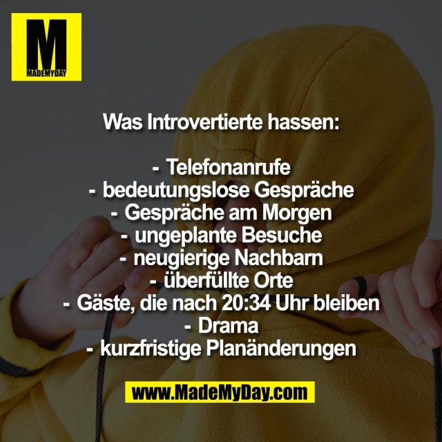 Was Introvertierte hassen:<br />
<br />
-Telefonanrufe<br />
-bedeutungslose Gespräche<br />
-Gespräche am Morgen<br />
-ungeplante Besuche<br />
-neugierige Nachbarn<br />
-überfüllte Orte<br />
-Gäste, die nach 20:34 Uhr bleiben<br />
-Drama<br />
-kurzfristige Planänderungen