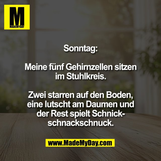 Sonntag:<br />
<br />
Meine fünf Gehirnzellen sitzen<br />
im Stuhlkreis.<br />
<br />
Zwei starren auf den Boden,<br />
eine lutscht am Daumen und<br />
der Rest spielt Schnick-<br />
schnackschnuck.