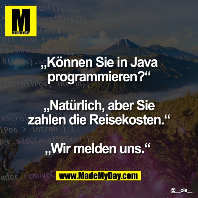 „Können Sie in Java<br />
programmieren?“<br />
<br />
„Natürlich, aber Sie<br />
zahlen die Reisekosten.“<br />
<br />
„Wir melden uns.“