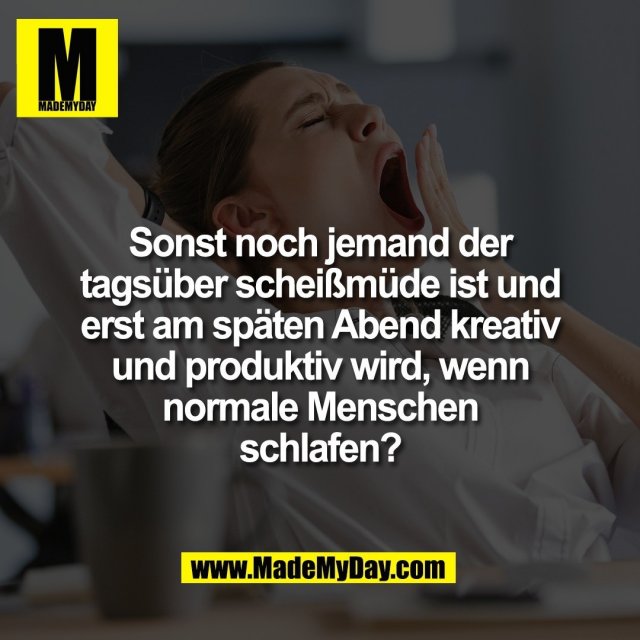 Sonst noch jemand der<br />
tagsüber scheißmüde ist und<br />
erst am späten Abend kreativ<br />
und produktiv wird, wenn<br />
normale Menschen<br />
schlafen?