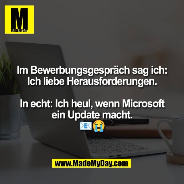 Im Bewerbungsgespräch sag ich:<br />
Ich liebe Herausforderungen.<br />
<br />
In echt: Ich heul, wenn Microsoft<br />
ein Update macht.<br />
📧😭