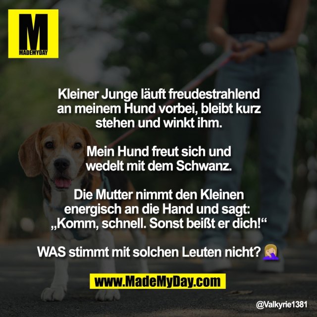 Kleiner Junge läuft freudestrahlend<br />
an meinem Hund vorbei, bleibt kurz<br />
stehen und winkt ihm.<br />
<br />
Mein Hund freut sich und<br />
wedelt mit dem Schwanz.<br />
<br />
Die Mutter nimmt den Kleinen<br />
energisch an die Hand und sagt: <br />
„Komm, schnell. Sonst beißt er dich!“<br />
<br />
WAS stimmt mit solchen Leuten nicht?🤦🏼‍♀️