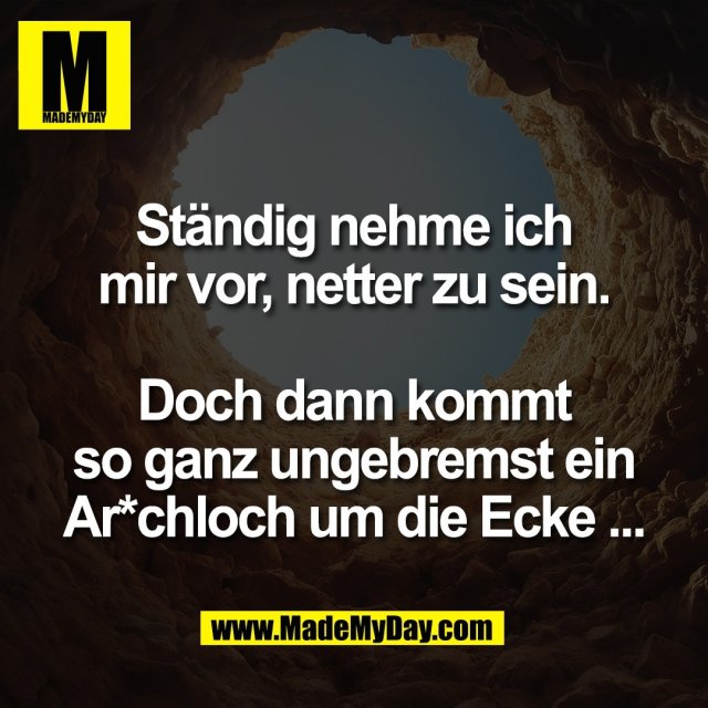 Ständig nehme ich<br />
mir vor, netter zu sein.<br />
<br />
Doch dann kommt<br />
so ganz ungebremst ein<br />
Ar*chloch um die Ecke ...