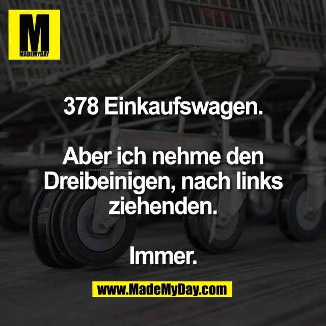 378 Einkaufswagen.<br />
<br />
Aber ich nehme den<br />
Dreibeinigen, nach links<br />
ziehenden.<br />
<br />
Immer.