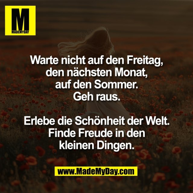 Warte nicht auf den Freitag,<br />
den nächsten Monat,<br />
auf den Sommer.<br />
Geh raus.<br />
<br />
Erlebe die Schönheit der Welt.<br />
Finde Freude in den<br />
kleinen Dingen.