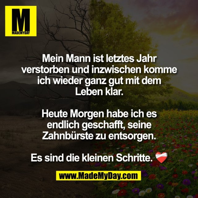 Mein Mann ist letztes Jahr<br />
verstorben und inzwischen komme<br />
ich wieder ganz gut mit dem<br />
Leben klar.<br />
<br />
Heute Morgen habe ich es<br />
endlich geschafft, seine<br />
Zahnbürste zu entsorgen.<br />
<br />
Es sind die kleinen Schritte. ❤️‍🩹