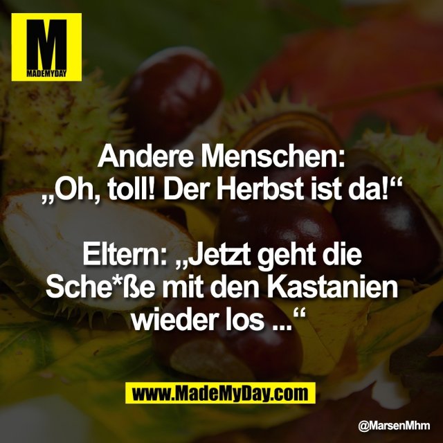 Andere Menschen:<br />
„Oh, toll! Der Herbst ist da!“<br />
<br />
Eltern: „Jetzt geht die<br />
Sche*ße mit den Kastanien<br />
wieder los ...“