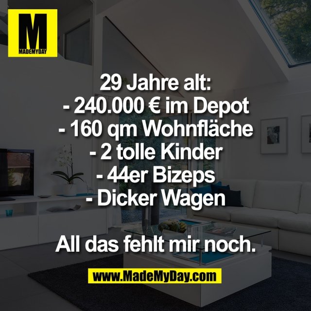 29 Jahre alt:<br />
- 240.000 € im Depot<br />
- 160 qm Wohnfläche<br />
- 2 tolle Kinder<br />
- 44er Bizeps<br />
- Dicker Wagen<br />
<br />
All das fehlt mir noch.